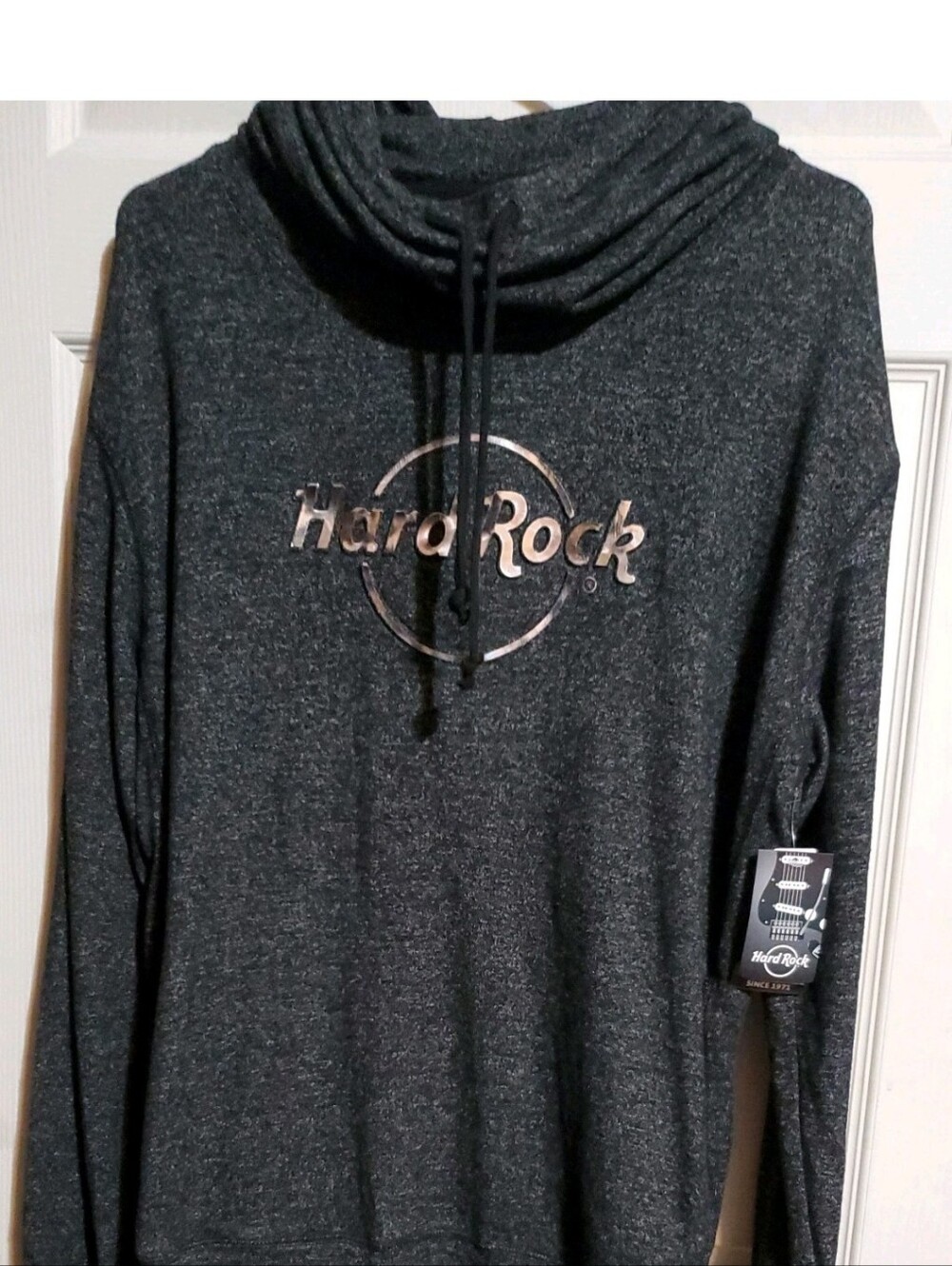 Hard Rock Cafe Charcoal Cowl Neck Hoodie Sweater with Metallic Logo XL